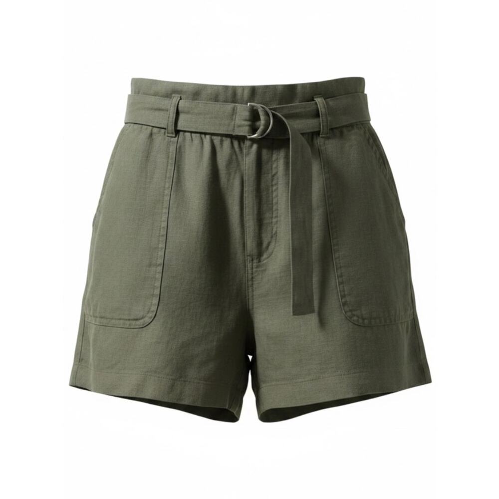 C&C California 100% Linen Women High Waisted Green Belted Paper-Bag Shorts Large - Picture 13 of 13